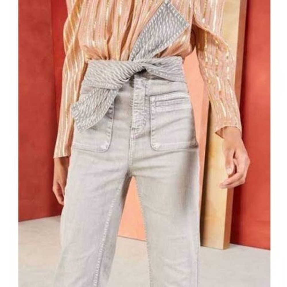 Ulla Johnson Wade Jeans Womens 10 Ash Grey Tie Waist Wide Leg Acid Wash - Picture 2 of 15